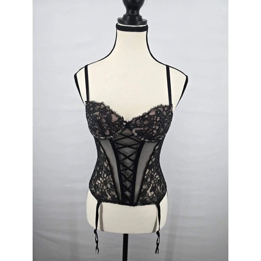 Victoria's Secret Black Lace Mesh Garter Bustier Corset Top XS‎